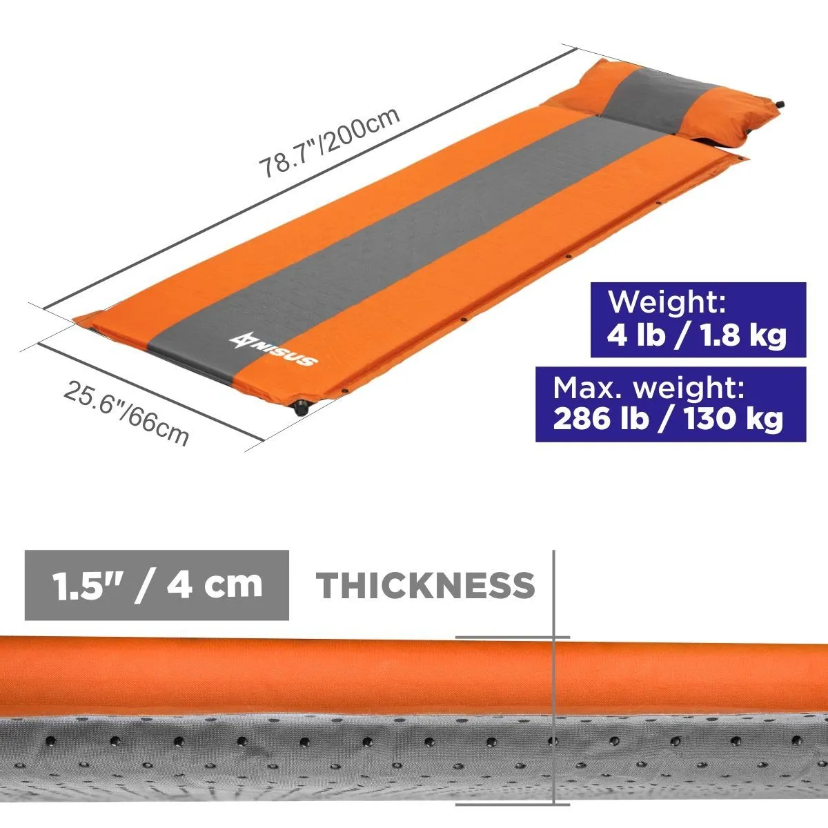1.5-inch Lightweight Self Inflating Sleeping Pad with Pillow, Orange