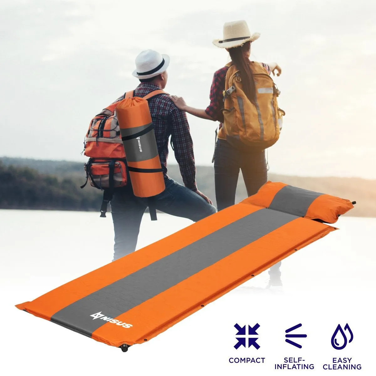 1.5-inch Lightweight Self Inflating Sleeping Pad with Pillow, Orange