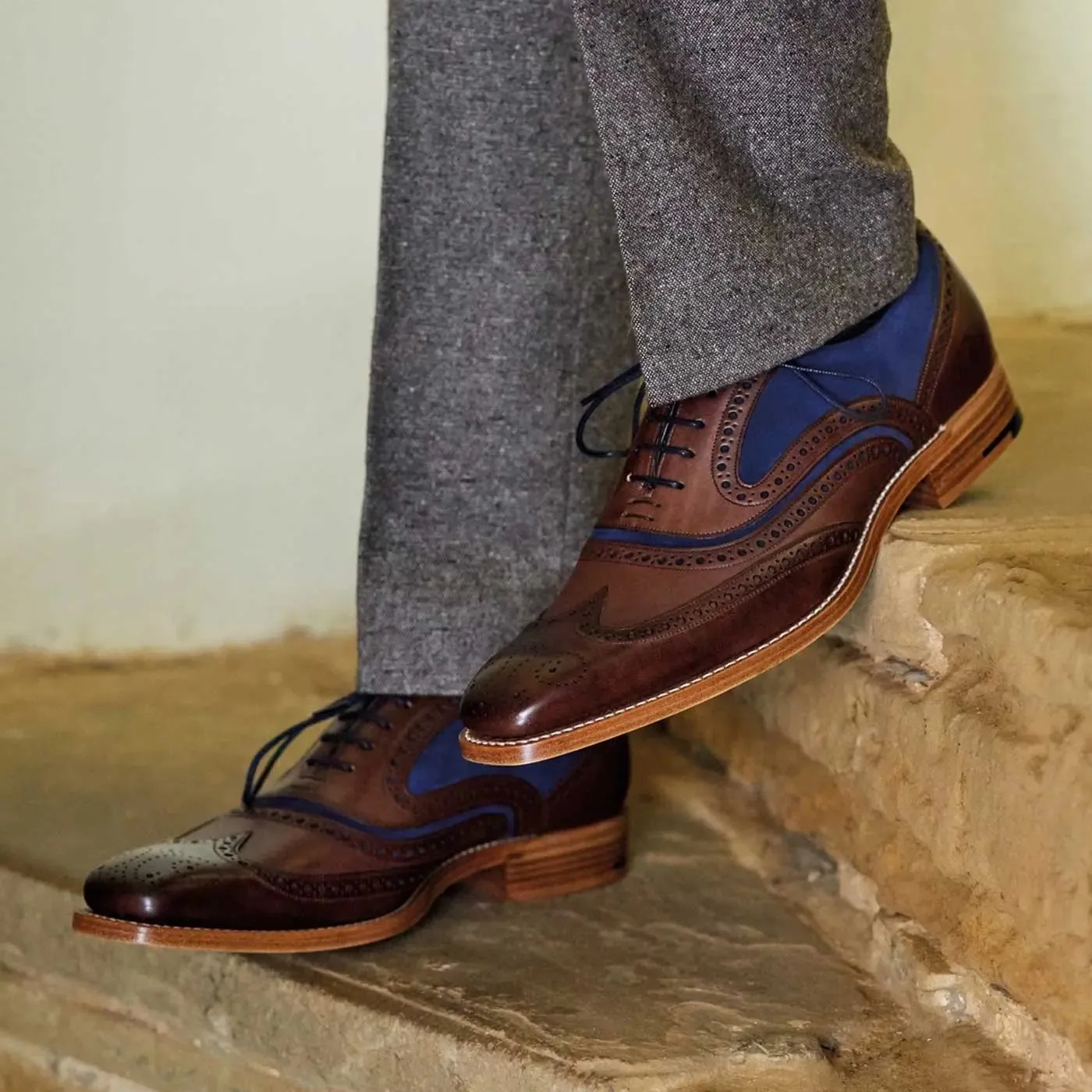 BARKER McClean Shoes - Mens Brogue - Ebony Hand Painted & Navy Suede