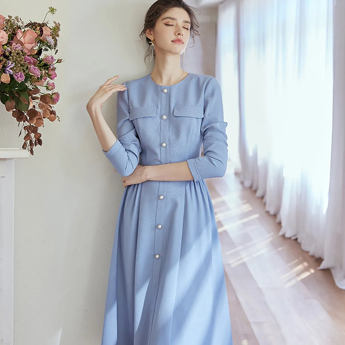 Pearl Button Blue Midi Dress