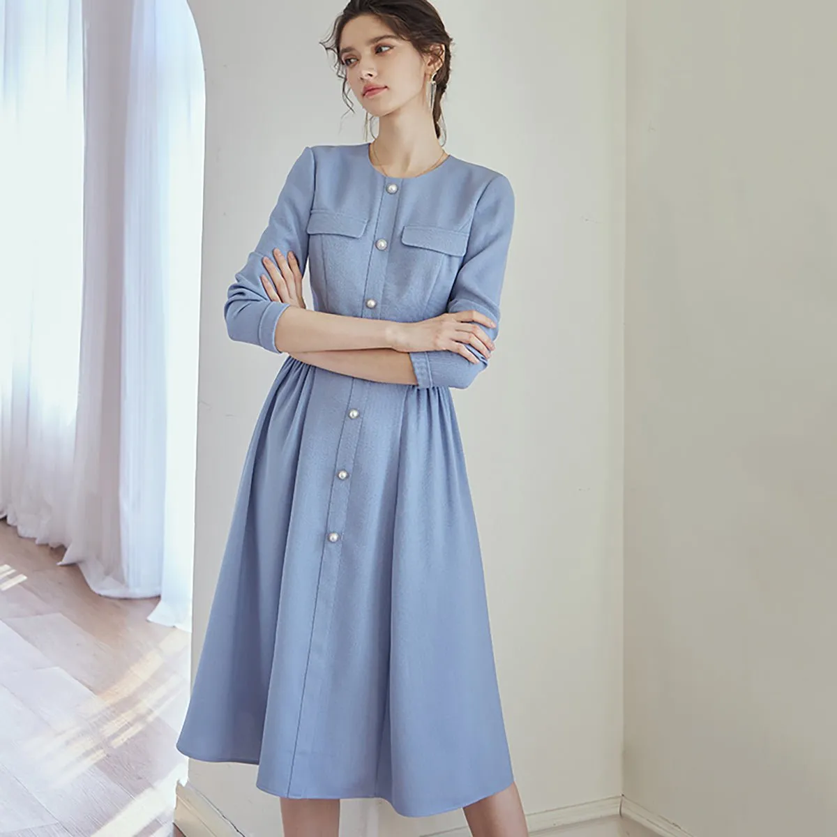 Pearl Button Blue Midi Dress