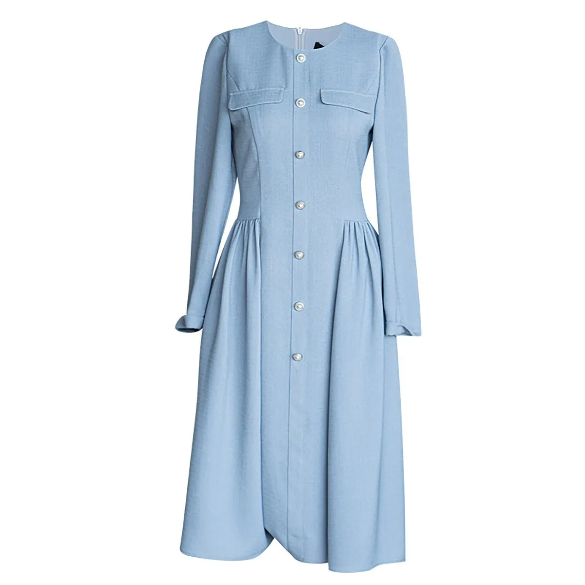 Pearl Button Blue Midi Dress