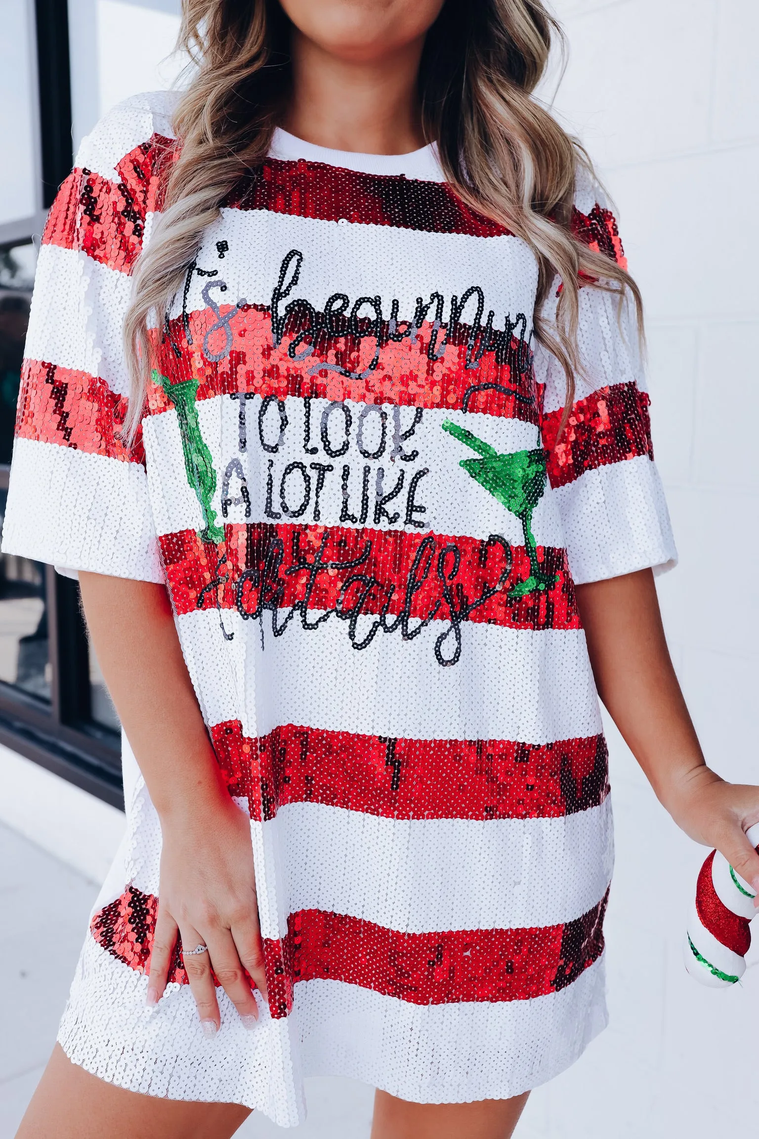 "It's Beginning To Look A Lot Like Cocktails" Sequin T-Shirt Dress - White/Red